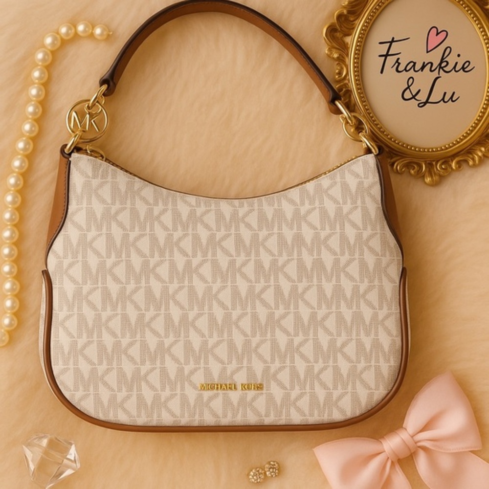 Michael Kors White & Brown Signature MK Logo Hobo Bag Shoulder & Crossbody NWT